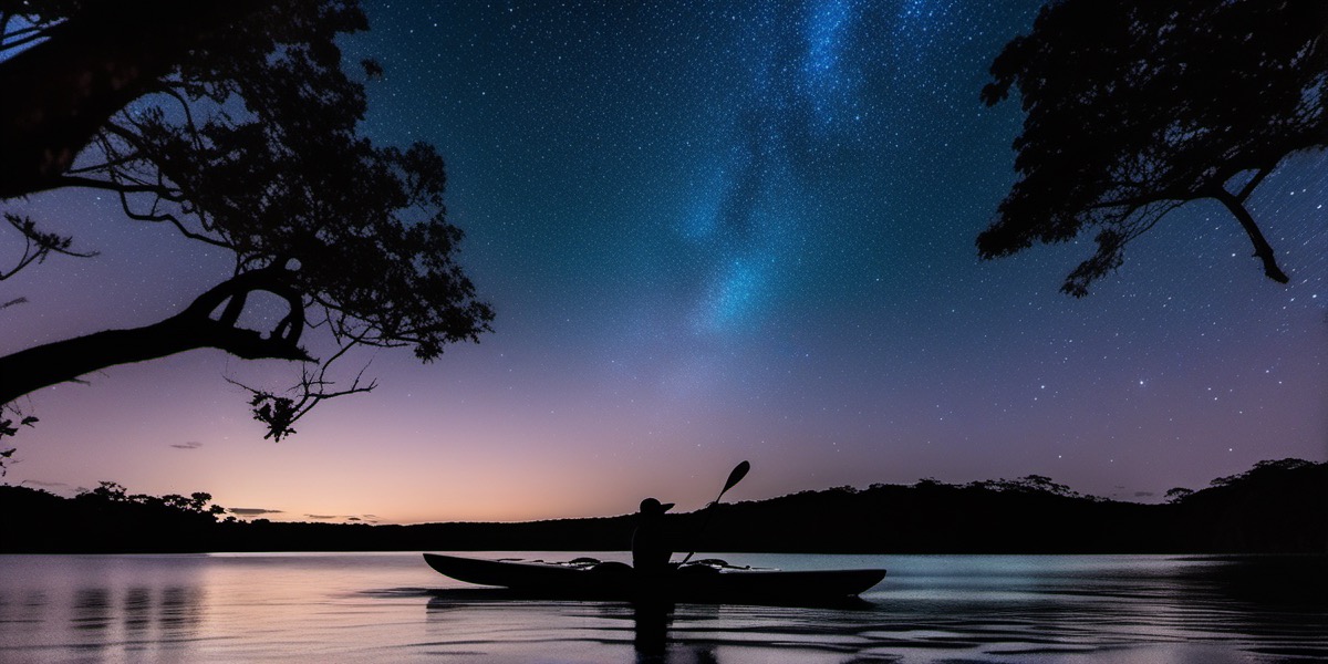 Kayaks gliding through glowing bioluminescent water in Laguna Grande, Fajardo at night